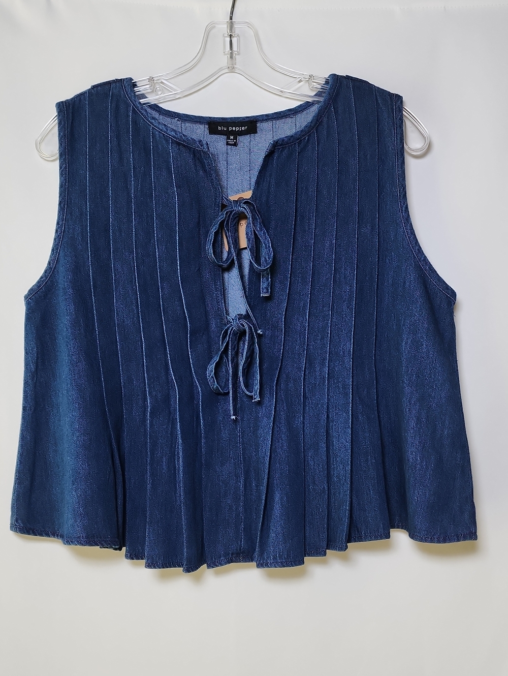 BLU PEPPER | Denim Sleeveless Pleated Tie-Front Tank